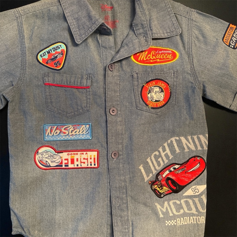 Disney Blue Cars Button Down Shirt , lightning Mc Queen design.